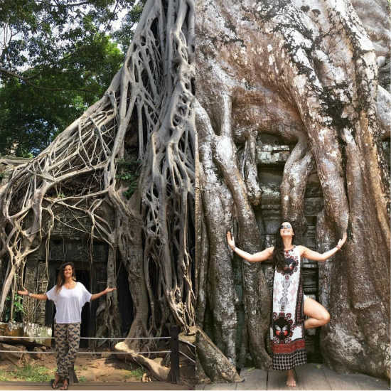 Carol e Thaís no Camboja - cada uma com sua árvore 
